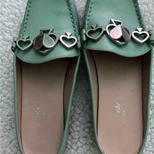 Kate Spade Mint Green Loafers with Heart Silver Accents